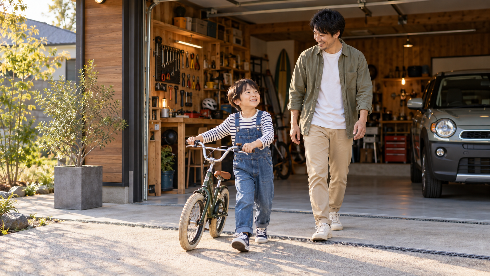 ガレージで親子が自転車を楽しむ暮らしのイメージ。AI生成画像