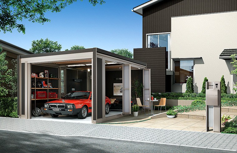LIXIL スタイルコートの商品写真。写真はシリーズ参考画像(38-60型・1台用/オプション付き)です。2台用プランとはサイズ・仕様が異なります。車・家具等は含みません。